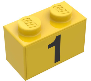 LEGO Yellow Brick 1 x 2 with Black "1" Sticker from Set 374-1 with Bottom Tube (3004)