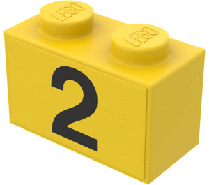 LEGO Yellow Brick 1 x 2 with Black "2" Sticker from Set 374-1 with Bottom Tube (3004)