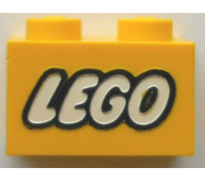LEGO Yellow Brick 1 x 2 with Lego Logo with Closed 'O' with Bottom Tube (3004)