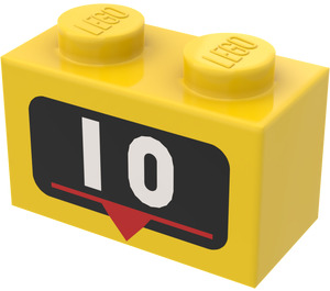 LEGO Žlutá Kostka 1 x 2 s Number 10 a Dolů Šipka se spodní trubičkou (3004)