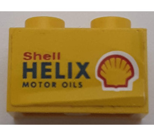 LEGO Yellow Brick 1 x 2 with 'Shell HELIX MOTOR OILS' Sticker with Bottom Tube (3004)