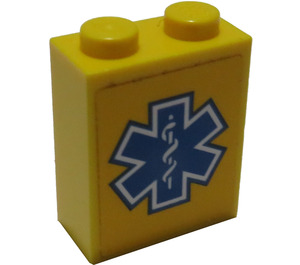 LEGO Yellow Brick 1 x 2 x 2 with EMT Star Sticker with Inside Stud Holder (3245)