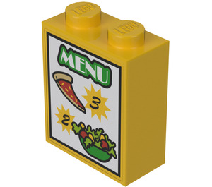 LEGO Żółty Cegła 1 x 2 x 2 z 'MENU', '2', '3', Pizza Slice, Salad Naklejka z wewnętrznym uchwytem na wypustki (3245)