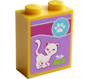 LEGO Yellow Brick 1 x 2 x 2 with White Cat And Foodbowl with Fish Sticker with Inside Stud Holder (3245)