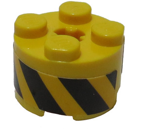 LEGO Yellow Brick 2 x 2 Round with Black and Yellow Diagonal Stripes Sticker (3941)