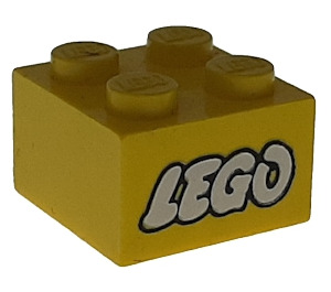 LEGO Yellow Brick 2 x 2 with Lego Logo Old Style White with Black Outline (3003)