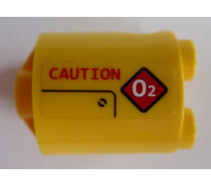 LEGO Gelb Stein 2 x 2 x 2 Rund mit 'CAUTION' und Rot sign 'O2' auf Rechts Seite Aufkleber mit unterem Achshalter 'x' Form '+' Ausrichtung (30361)