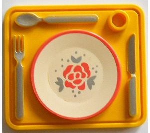 LEGO Yellow Dinner Tray with Knife, Spoon, Fork and Decorated Dish Pattern (33014)