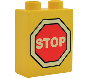 LEGO Yellow Duplo Brick 1 x 2 x 2 with Stop Sign without Bottom Tube (4066)
