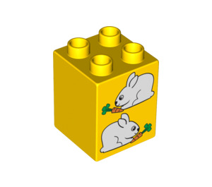LEGO Yellow Duplo Brick 2 x 2 x 2 with Two white rabbits with carrots (31110 / 88271)