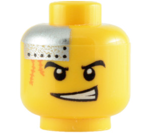 LEGO Yellow Plain Head with Silver Plate and Orange Scars, Determined / Scared (Safety Stud) (3626 / 64881)