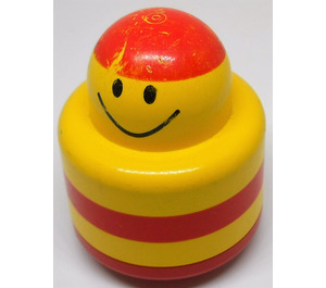 LEGO Yellow Primo Round Rattle 1 x 1 Brick with Red Stripes, Smiley Face and red top (31005)