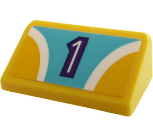LEGO Geel Helling 1 x 2 (31°) met number '1' Sticker (85984)