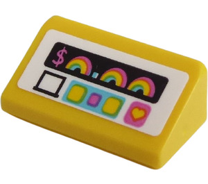 LEGO Jaune Pente 1 x 2 (31°) avec '$', Rainbow, Cœur et Buttons sur une blanc Background Autocollant (85984)