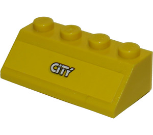 LEGO Gelb Steigung 2 x 4 (45°) mit 'City' Aufkleber mit rauer Oberfläche (3037)