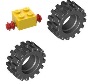 LEGO Yellow Small Tire with Offset Tread (without Band Around Center of Tread) with Brick 2 x 2 with Red Single Wheels