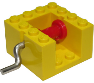 LEGO Geel Snaar Reel Winch 4 x 4 x 2 met Rood Drum en Metaal Handvat