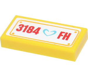 LEGO Yellow Tile 1 x 2 with 3184 FH and Heart Sticker with Groove (3069 / 30070)