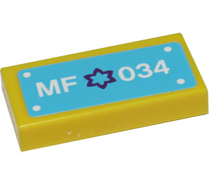 LEGO Yellow Tile 1 x 2 with 'MF*034' Sticker with Groove (3069)