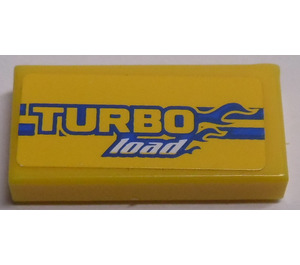 LEGO Yellow Tile 1 x 2 with 'TURBO load', Blue Flames and Lines Sticker with Groove (3069)