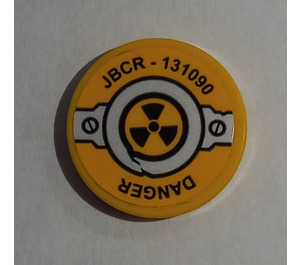 LEGO Giallo Piastrella 2 x 2 Rotondo con 'DANGER' e 'JBCR - 131090', Slotted Screws e Nuclear Symbol Adesivo con supporto per bottoncino alla base (14769)