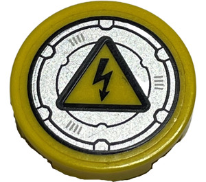 LEGO Yellow Tile 2 x 2 Round with Electrical Danger Sign and Silver Hatch Sticker with Bottom Stud Holder (14769)