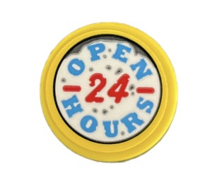 LEGO Жълто Плочка 2 x 2 Кръгъл с 'OPEN 24 HOURS' Стикер с долен държач за шипове (14769)