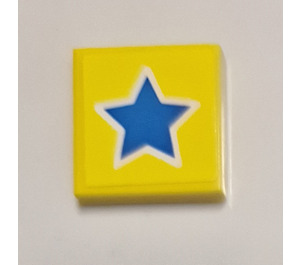 LEGO Yellow Tile 2 x 2 with Dark Azure Star Sticker with Groove (3068)