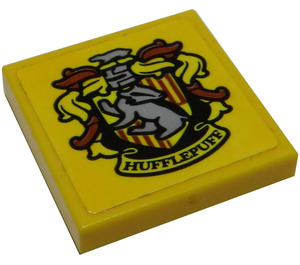 LEGO Yellow Tile 2 x 2 with Hufflepuff Crest Sticker with Groove (3068)