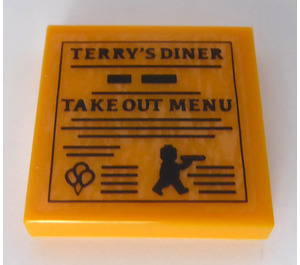 LEGO Yellow Tile 2 x 2 with 'TERRY'S DINER' and 'TAKE OUT MENU' Sticker with Groove (3068)