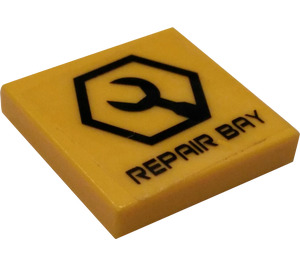 LEGO Gelb Fliese 2 x 2 mit Wrench Logo und Repair Bay Aufkleber mit Nut (3068)