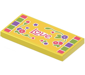 LEGO Gelb Fliese 2 x 4 mit ‘Love’ und Blumen Aufkleber (87079)
