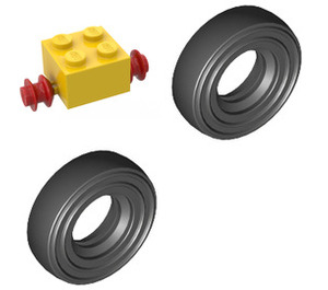 LEGO Yellow Tire Ø 14mm x 4mm Smooth Old Style with Brick 2 x 2 with Red Single Wheels