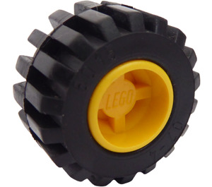 LEGO Yellow Wheel Rim Wide Ø11 x 12 with Notched Hole with Tire 21mm D. x 12mm - Offset Tread Small Wide with Slightly Bevelled Edge and no Band