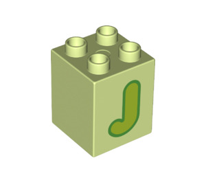 LEGO Gelblich-grün Duplo Backstein 2 x 2 x 2 mit Letter "J" Dekoration (31110 / 65926)