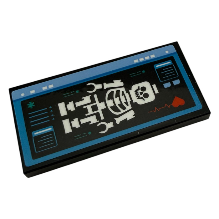 LEGO Tile 2 x 4 with monitor with white skeleton and ecg with red heart ...