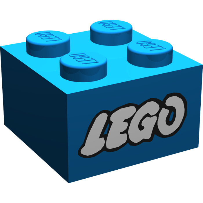 LEGO Blue Brick 2 x 2 with Lego Logo Old Style White with Black Outline ...