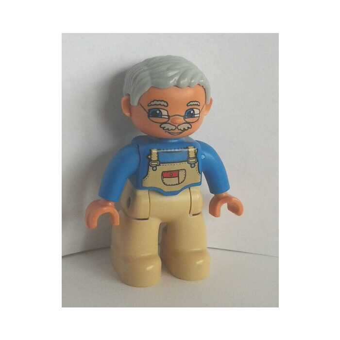 Details about   Lego Duplo Minifigure MAN Blue Shirt Tan Overalls Grandpa Gray Hair Old Minifig 
