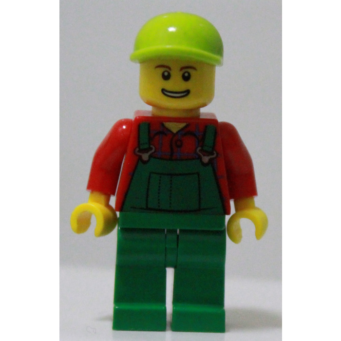 Lime Smile LEGO Brick LEGO Farmer Owl Green Cap, Open - Marketplace in Shirt, Overalls, and Red | Ball Minifigure