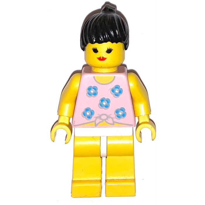 Female Minifigure Girl w/ Red/Gold/White Blouse Long Black Ponytail Hair LEGO