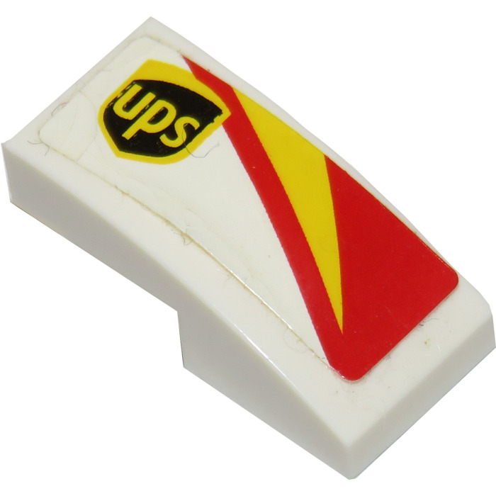 LEGO White Slope 1 x 2 Curved with Red and Yellow Stripes and UPS Logo ...