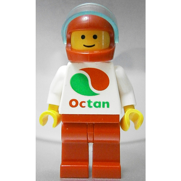 LEGO Weiß Torso Octan Logo, rot Beine, rot Helm, Trans-Light Blau