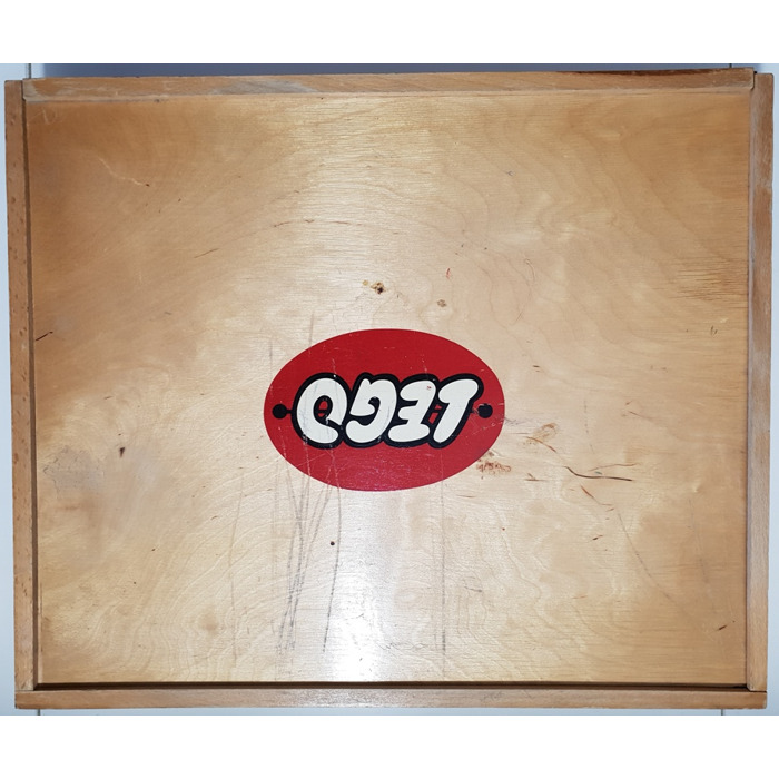 LEGO Wooden Storage Box with Sliding Lid and Red Oval LEGO Logo Brick