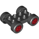 Duplo Black Plate 2 x 4 with Axle Holders and Red Rim Wheels (88760 / 88784)