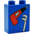 Duplo Blauw Steen 1 x 2 x 2 met Drill en Wrench zonder buis aan de onderzijde (4066 / 42657)