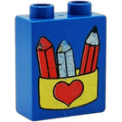 Duplo Blue Brick 1 x 2 x 2 with Pencil and Chalks in Tin without Bottom Tube (4066)