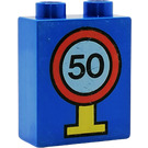 Duplo Blue Brick 1 x 2 x 2 with Traffic Sign "50" without Bottom Tube (4066)