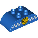 Duplo Blue Brick 2 x 4 with Curved Sides with Police badge and white squared strip (43504 / 98223)