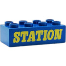 Duplo Blue Brick 2 x 4 with Station (Thick Yellow Letters) (3011)