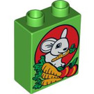 Duplo Bright Green Brick 1 x 2 x 2 with Rabbit Eating Carrots without Bottom Tube (4066 / 90007)